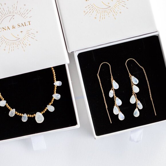 STUNNING Moonstone Threader Earrings Gemstone Dangle Earring June Birthday Gift - Picture 4 of 15